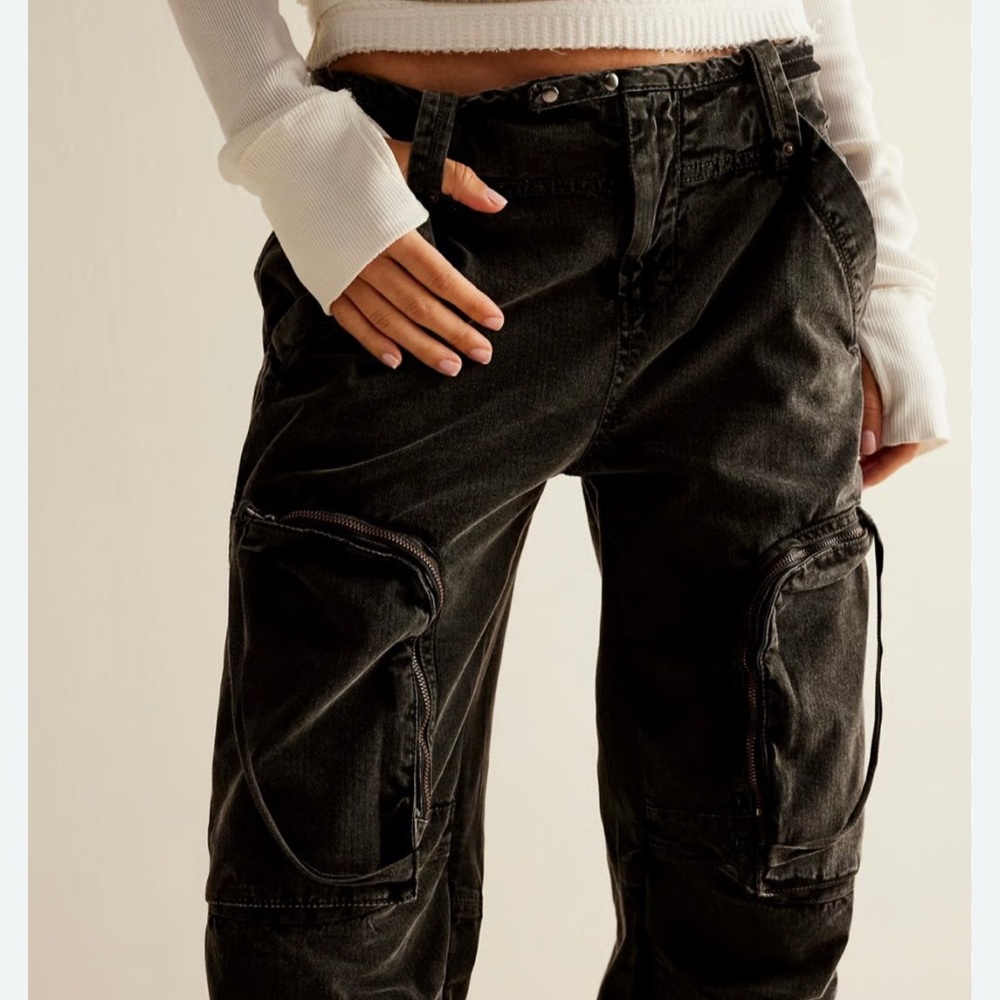Free People Black Utility Cargo Pants Small | Baggy Wide Leg Streetwear Y2K
